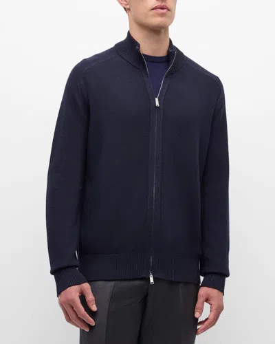 Zegna Cardigan Zippé En Cashseta Bleu Marine Chiné In Blue