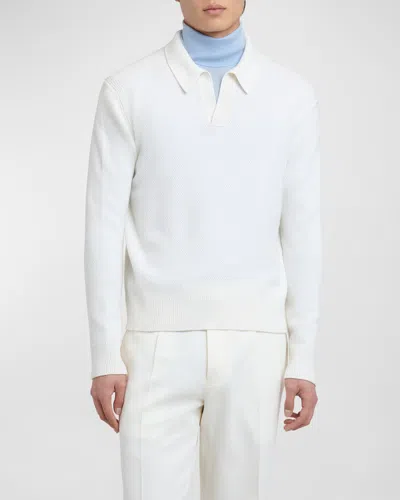 Zegna Men's Melange Oasi Cashmere Polo Sweater In Nat Sld