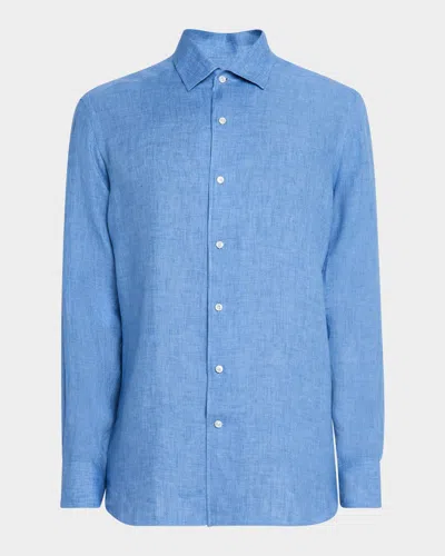 Zegna Men's Melange Oasi Lino Sport Shirt In Br Blu Sld