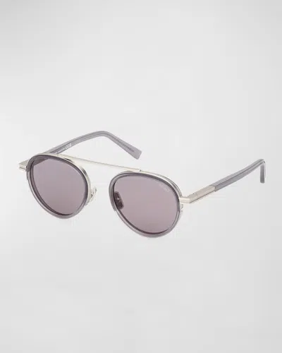 ZEGNA MEN'S ORIZZONTE II METAL-ACETATE ROUND SUNGLASSES