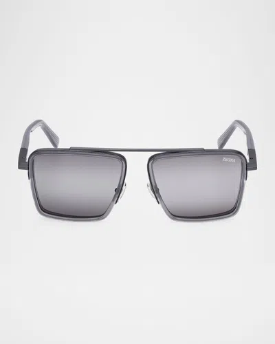 Zegna Men's Metal Aviator Sunglasses In Shiny Opal Grey Matte Blue Aniline
