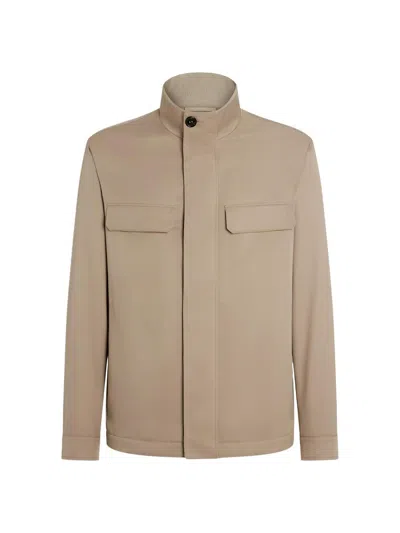 Zegna Oasi Lino Overshirt Mandarin Collar Long Sleeves In Neutral