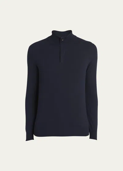 Zegna Navy Blue Mélange Oasi Cashmere Zip Mock Neck Sweater