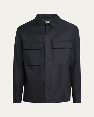 Zegna Shirt In Black Linen In Dk Blu Sld