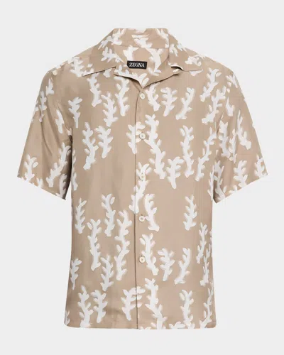 Zegna Camp-collar Printed Silk-twill Shirt In Neutrals