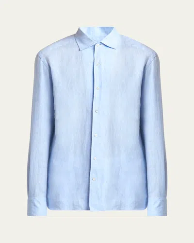 Zegna Men's Oasi Lino Casual Button-down Shirt In Blue