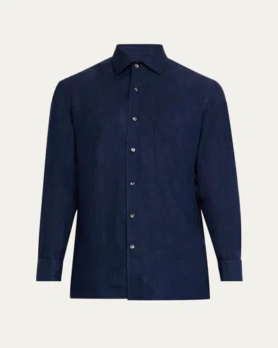 Zegna Men's Oasi Lino Casual Button-down Shirt In Blue