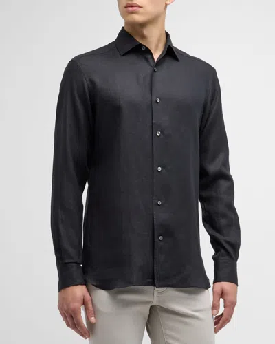 Zegna Men's Oasi Lino Linen Sport Shirt In Black Solid