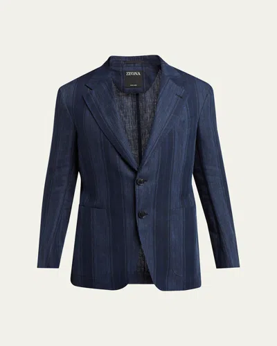 Zegna Men's Oasi Lino Multi-stripe Sport Coat In Blue