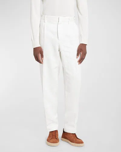 Zegna Men's Oasi Linen Pleated Pants In White Solid