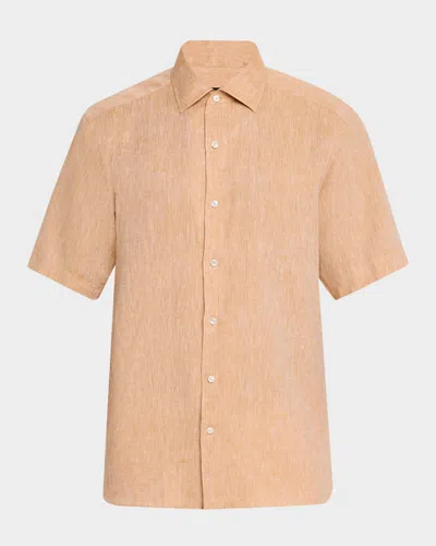 Zegna Men's Ocher Oasi Lino Short-sleeve Shirt In Metallic
