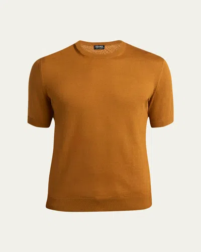 ZEGNA MEN'S OCHER PREMIUM COTTON SHORT-SLEEVE CREWNECK SWEATER