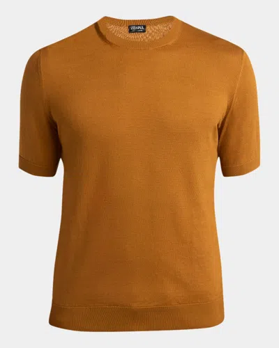 ZEGNA MEN'S OCHER PREMIUM COTTON SHORT-SLEEVE CREWNECK SWEATER