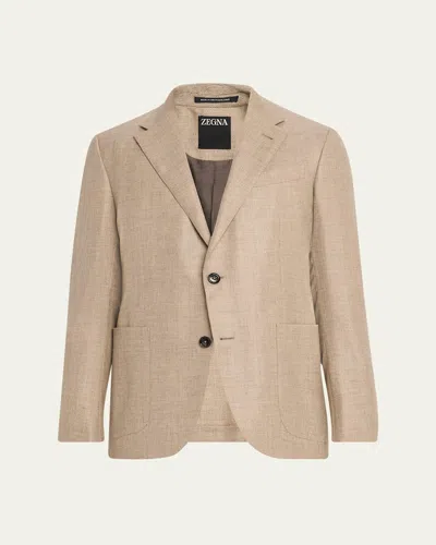 Zegna Men's Patch-pocket Melange Single-breasted Sport Coat In Brown
