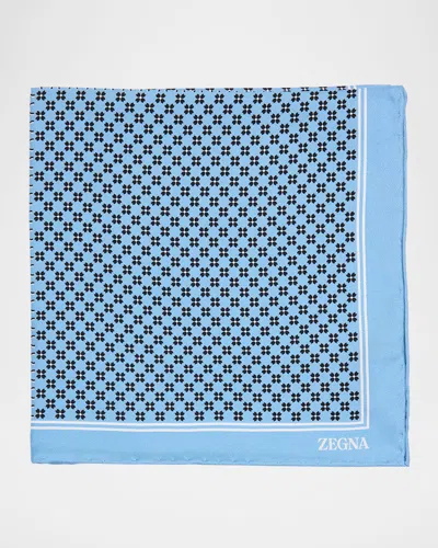 Zegna Men's Petite Geometric Floral Silk Pocket Square In Blue