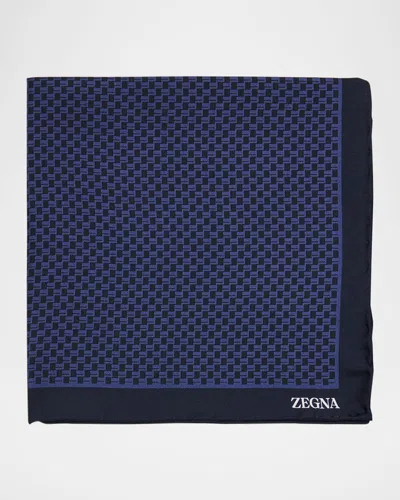 Zegna Men's Petite Geometric Silk Pocket Square In Blue