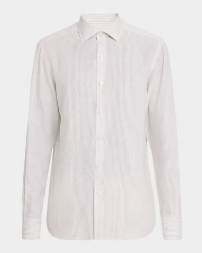 ZEGNA MEN'S PINSTRIPE OASI LINO CASUAL BUTTON-DOWN SHIRT