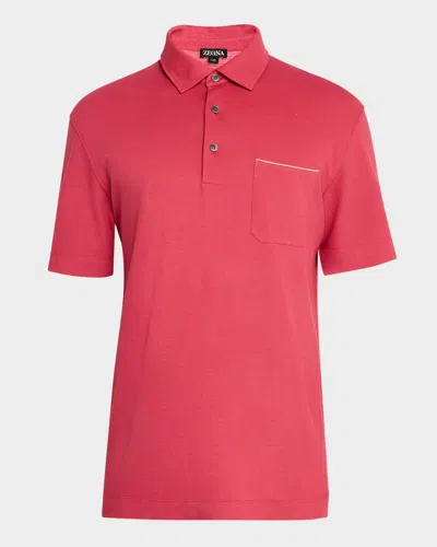 Zegna Men's Pique Polo Shirt With Leather-trim Pocket In Br Pnk Sld