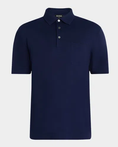 Zegna Men's Pique Polo Shirt With Leather-trim Pocket In Md Blu Sld