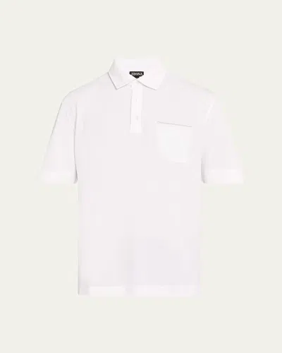 Zegna Men's Pique Polo Shirt With Leather-trim Pocket In Wht Sld