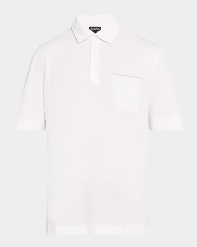 ZEGNA MEN'S PIQUE POLO SHIRT WITH LEATHER-TRIM POCKET