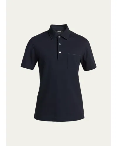 Zegna Men's Pique Polo Shirt With Leather-trim Pocket In Nvy Sld