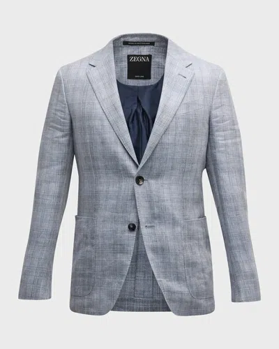 Zegna Men's Plaid Linen Sport Coat In Bright Blue Check