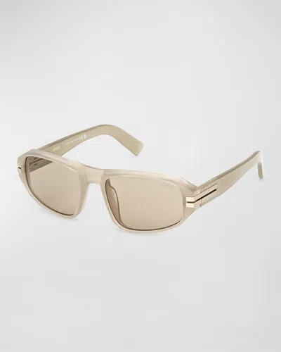 Zegna Men's Polarized Acetate Square Sunglasses In Shiny Beige