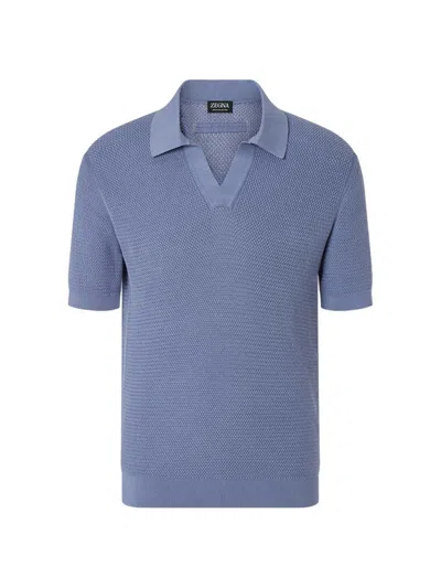 Zegna Cotton Polo Shirt Textured Knit Design In Blue