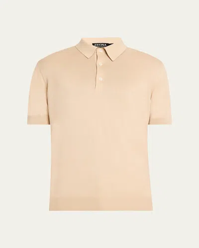 Zegna Men's Premium Cotton Short-sleeve Polo Sweater In Nat Sld