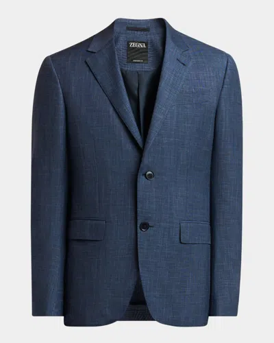 Zegna Men's Prince Of Wales Crossover Suit In Blue Navy Check