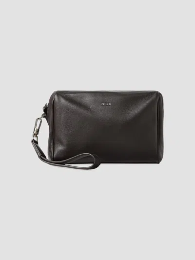 Zegna Men's Secondskin Leather Pouch In Dark Brown