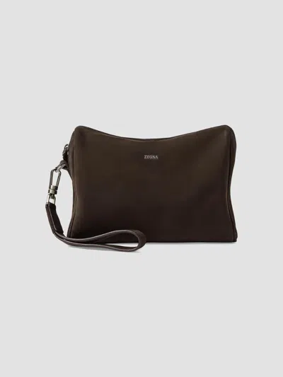 Zegna Men's Secondskin Leather Pouch In Dark Brown