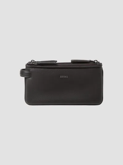 Zegna Men's Secondskin Leather Pouch In Dark Brown