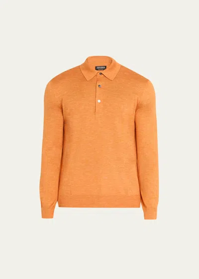 Zegna Men's Silk, Cashmere And Linen Long-sleeve Polo Shirt In Orange