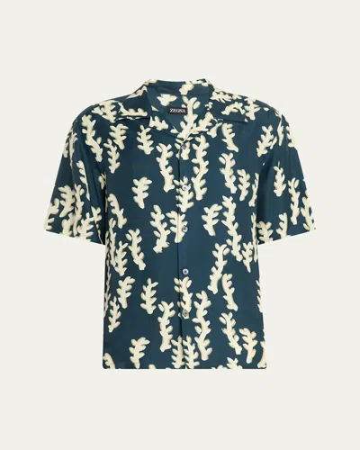 Zegna Men's Silk Oasi Print Camp Shirt In Blue