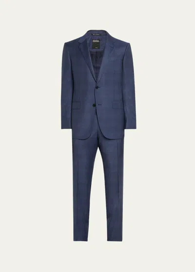 Zegna Men's Silk-wool Plaid Sport Coat In Blue Navy Check