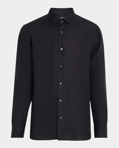 Zegna Men's Solid Oasi Lino Sport Shirt In Blk Sld