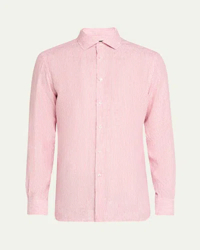 Zegna Men's Stripe Oasi Lino Casual Button-down Shirt In Dk Pnkstrp