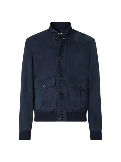 Zegna Men's Suede Blouson Jacket In Blue