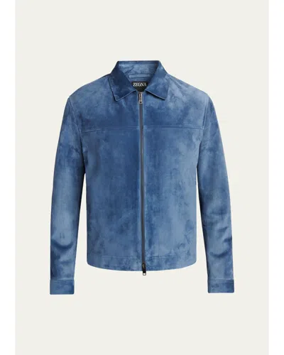 Zegna Suede Blouson Jacket In Blue