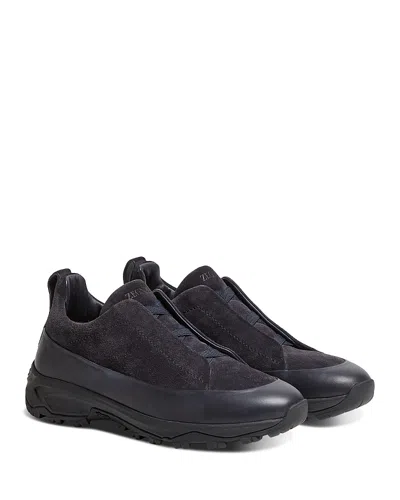 Zegna Navy Blue Leather And Suede Triple Stitch Monte Sneakers