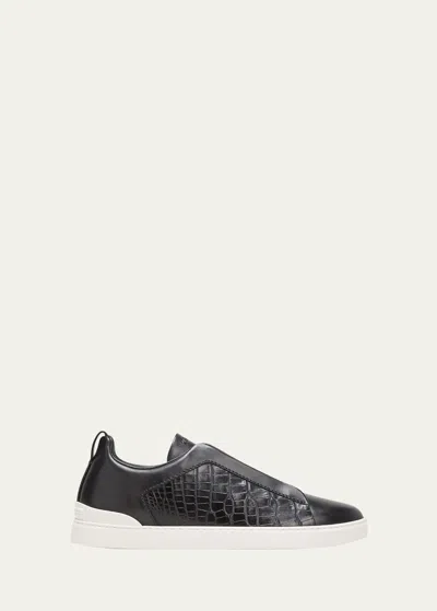 Zegna Men's Triple Stitch Alligator Leather Slip-on Sneakers In Black