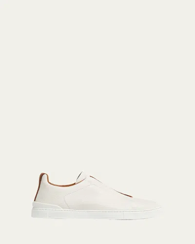 Zegna Men's Triple Stitch Deerskin Leather Sneakers In Off White Vicuna