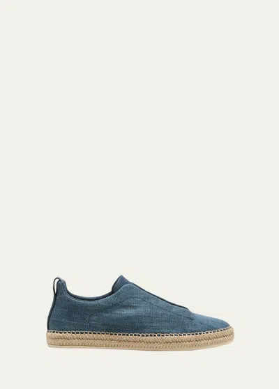 Zegna Men's Triple Stitch Linen And Leather Espadrilles In Blue