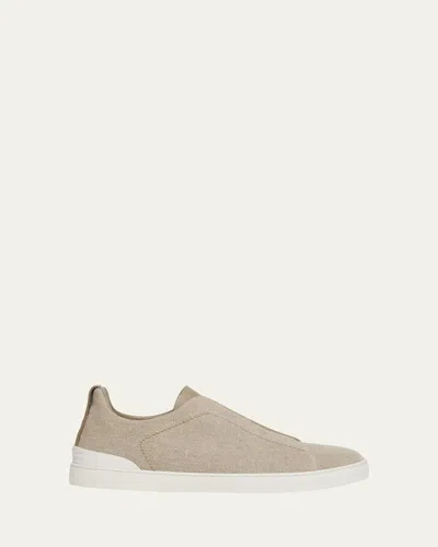 ZEGNA MEN'S TRIPLE STITCH LINEN SLIP-ON SNEAKERS