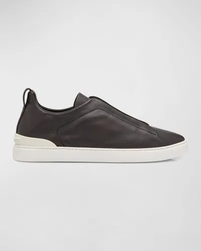 Zegna Men's Triple Stitch Secondskin Leather Slip-on Sneakers In Dark Brown