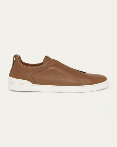 ZEGNA MEN'S TRIPLE STITCH SECONDSKIN LEATHER SLIP-ON SNEAKERS