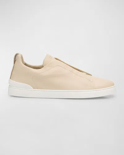 ZEGNA MEN'S TRIPLE STITCH SECONDSKIN LEATHER SLIP-ON SNEAKERS