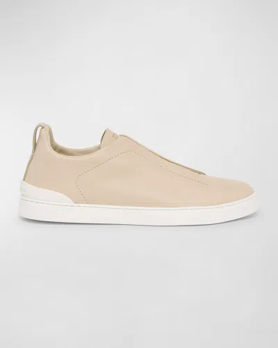 ZEGNA MEN'S TRIPLE STITCH SECONDSKIN LEATHER SLIP-ON SNEAKERS